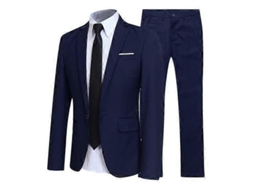 Traje Masculino Slim Fit Formal Manga Longa Gola De Botão Com Calça - Inverno/outono - Poliéster Azul Marinho