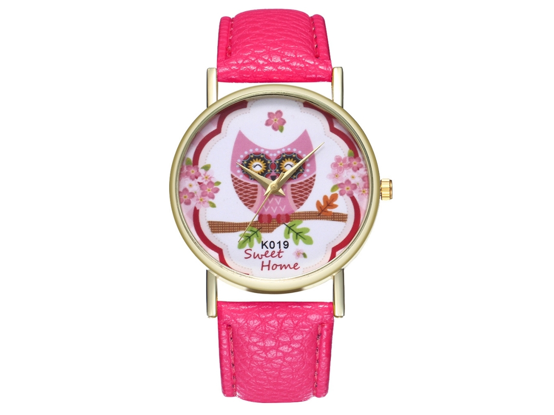Relógio de pulso de quartzo com pulseira de PU e estampa de desenho animado (vermelho e rosa)
