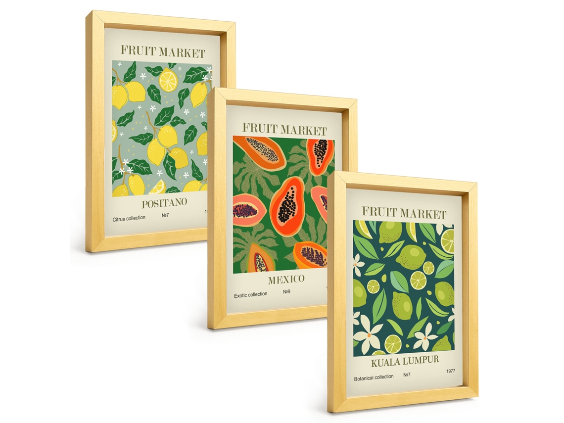 Composição De Quadros Estampas De Frutas, Limões E Mamões Espelharte (3 Peças 20x30 Cm)