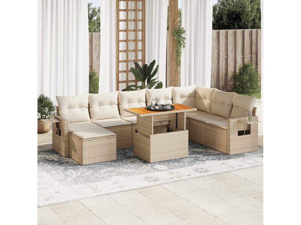 Vidaxl 9 Pcs Conjunto De Sofás P/ Jardim Com Almofadões Vime Pe Bege