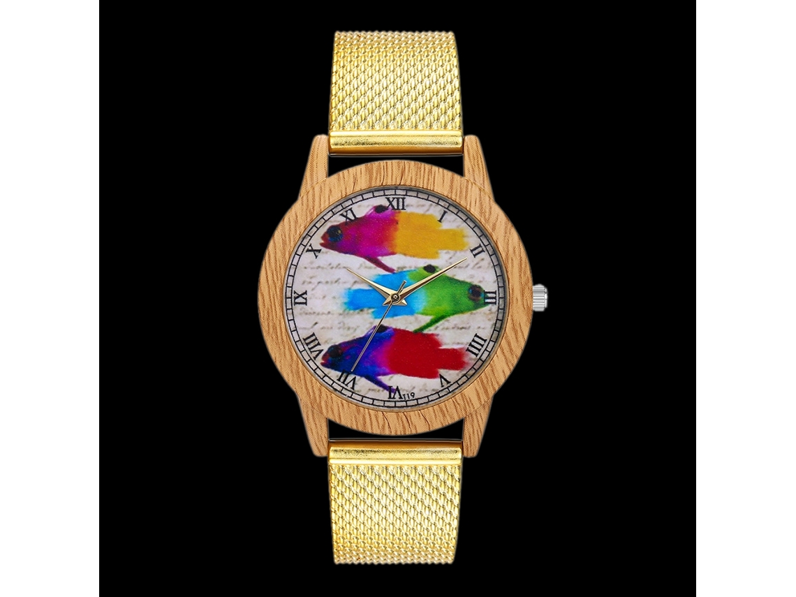 Relógio de quartzo unissex com pulseira de malha e mostrador com numerais romanos e padrão de peixe, dourado, Zhoulianfa.