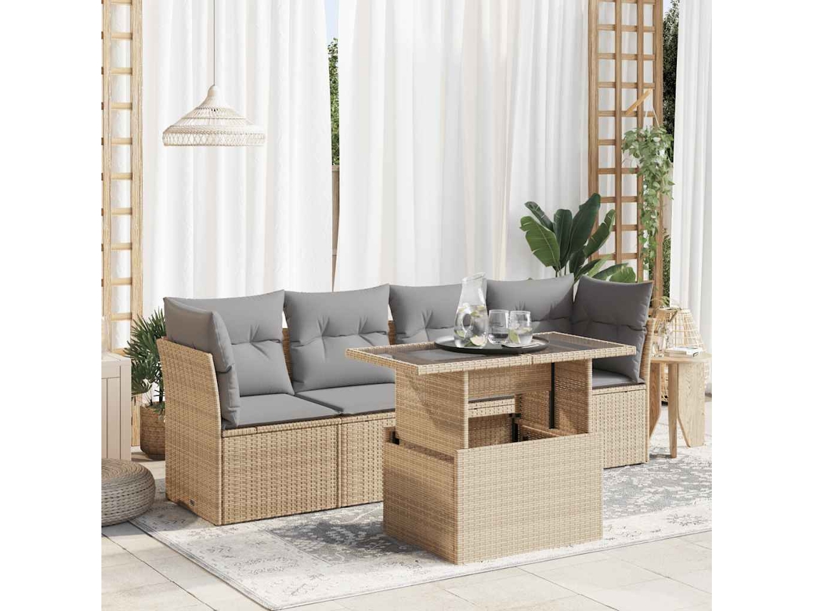 Vidaxl 5 Pcs Conjunto De Sofás P/ Jardim Com Almofadões Vime Pe Bege