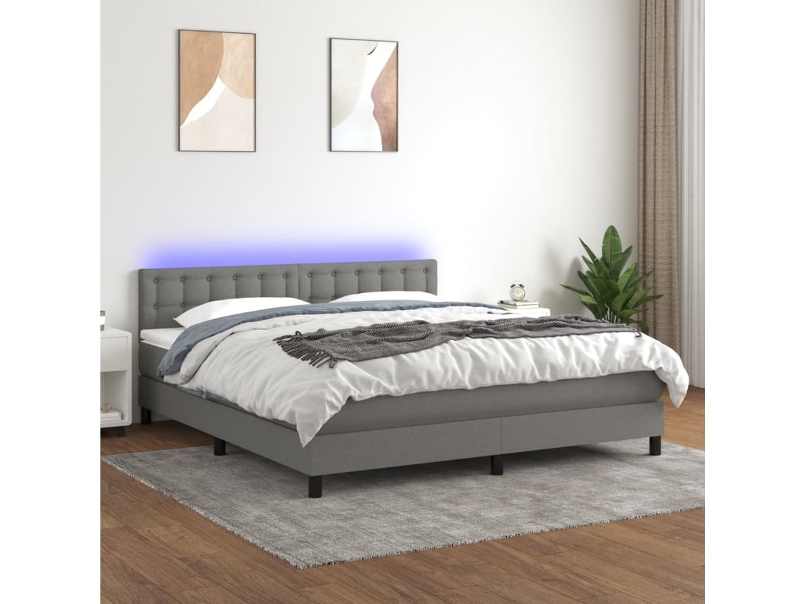 Cama Box Spring C/ Colchão E Led 160x200 Cm Tecido Cinza-escuro