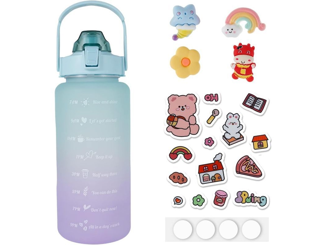 Garrafa de água motivacional Nova Line, marcas de tempo, canudo e alça, verde roxo gradiente
