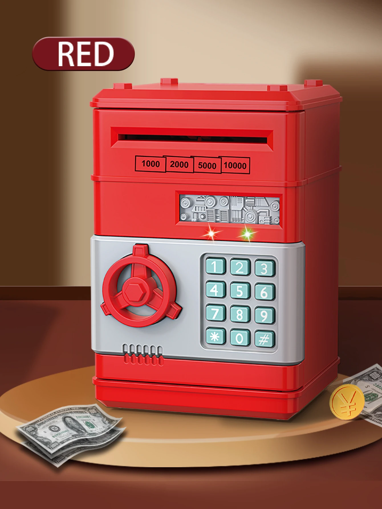(vermelho) Cofrinho Eletrônico Combinado, Caixa De Moedas, Rolo Automático De Notas, Presente Para Crianças