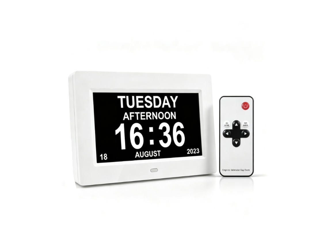 Relógio digital com calendário, controle remoto, relógio de mesa/parede com etiqueta para medicamentos.