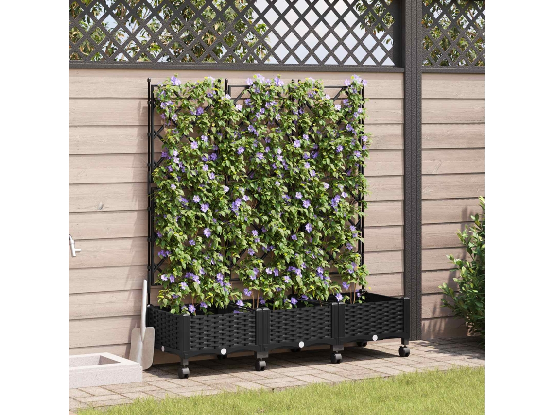 Vidaxl Vaso De Jardim Com Treliça E Rodas 3 Unid. Preto Pp