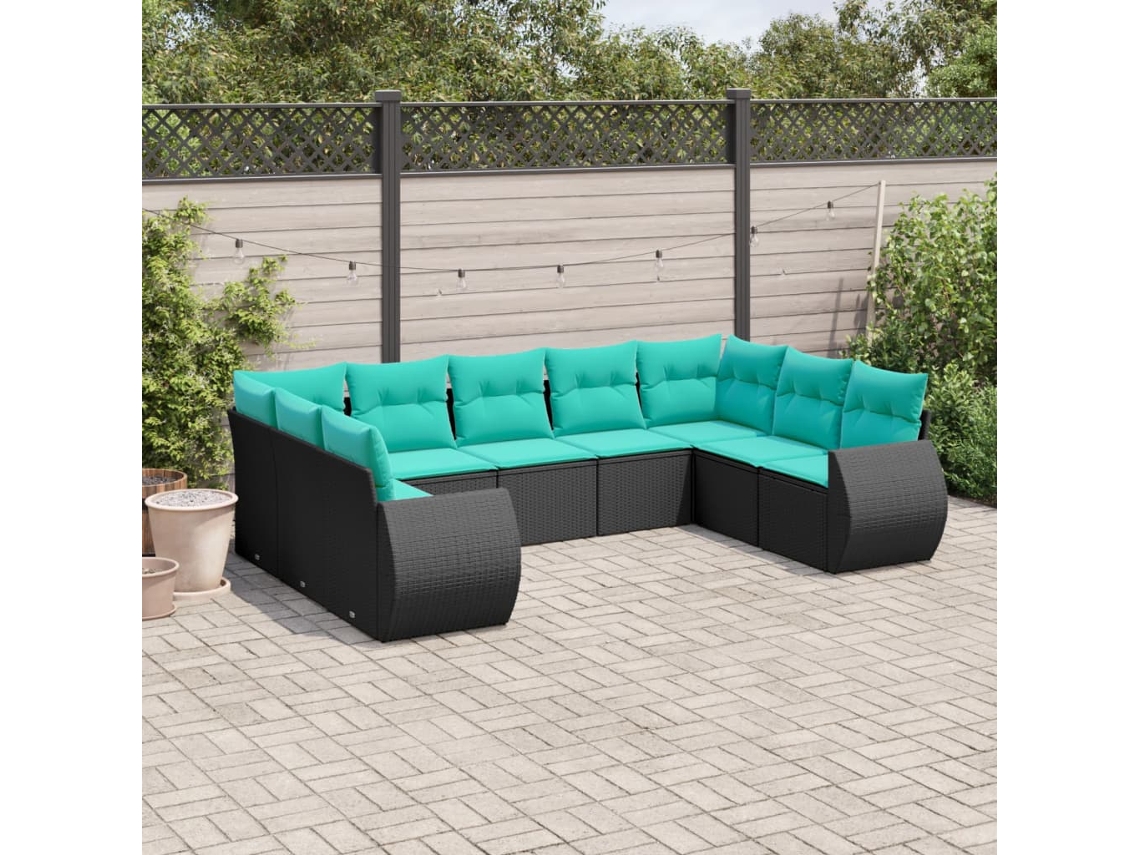 Vidaxl Conjunto De Sofá De Jardim De 9 Peças Com Almofadas Em Rattan Sintético Preto