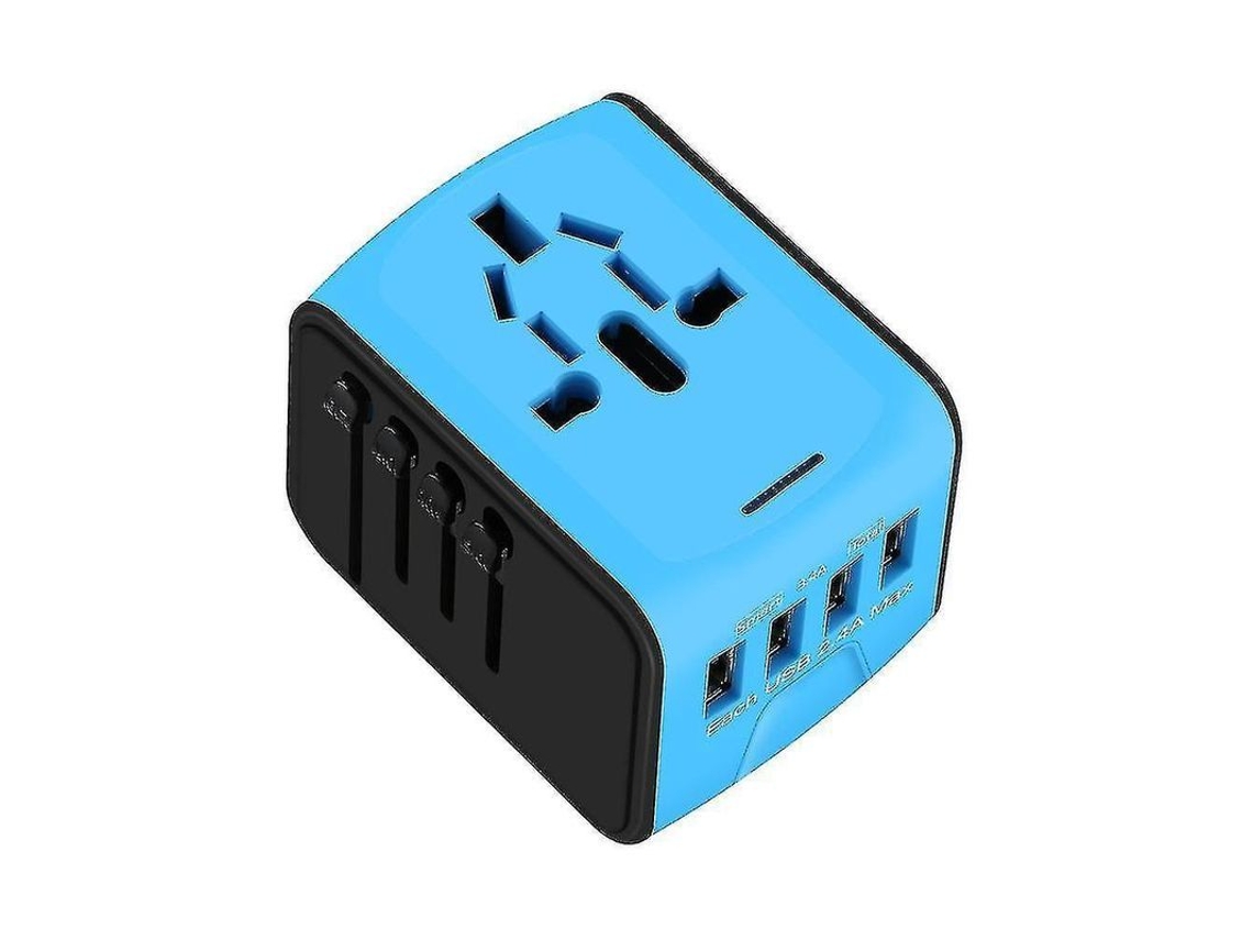 Adaptador Universal de Viagem, 4 USB, 1 USB-C, para EUA, UE, Reino Unido, Austrália, Azul