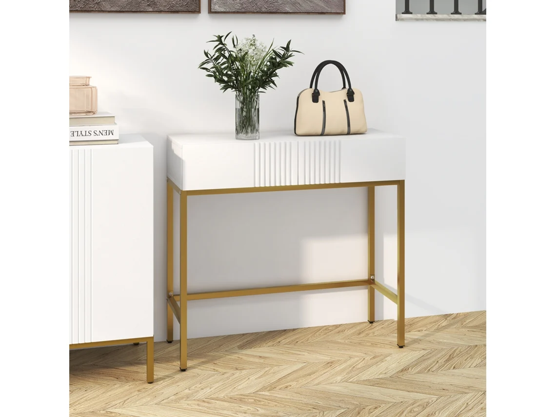 Console De Mesa Com 2 Gavetas, Base Em Aço E Pés Antiderrapantes 80 X 31,5 X 75 Cm Branco