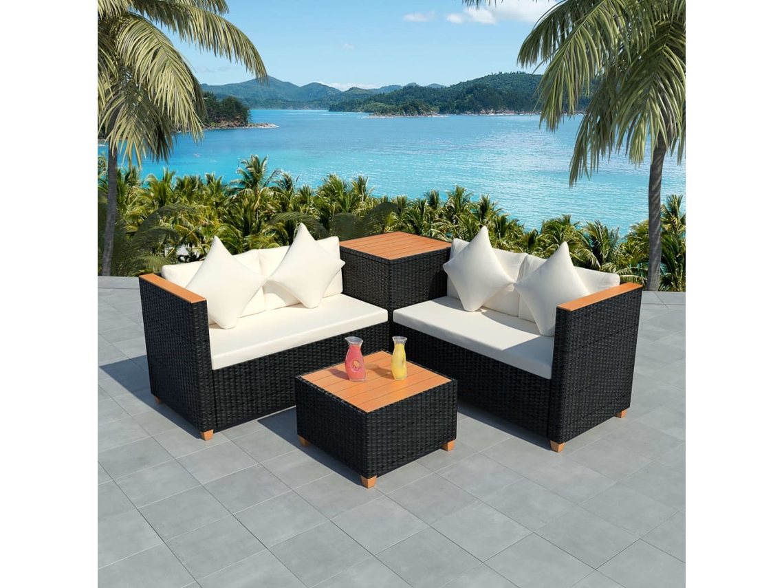 Vidaxl 4 Pcs Conjunto Lounge De Jardim C/ Almofadões Vime Pe Preto