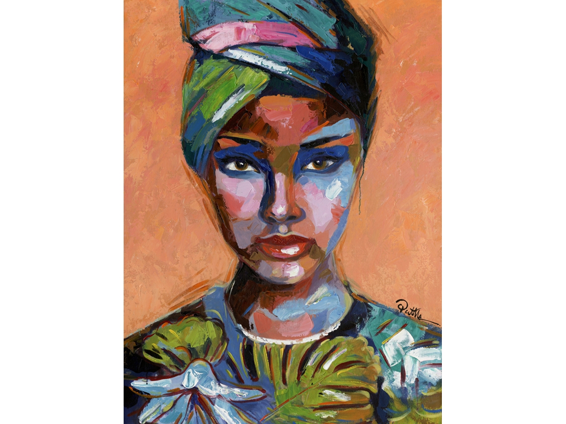 Quadro a Óleo HISPANOHOGAR Mulher com turbante sobre fundo cor-de-laranja (70x100cm)