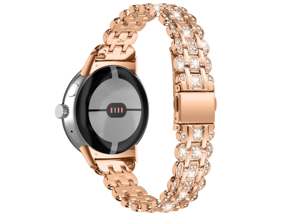 Bracelete de Metal Decoração de Strass para Google Pixel Watch Ouro Rosa
