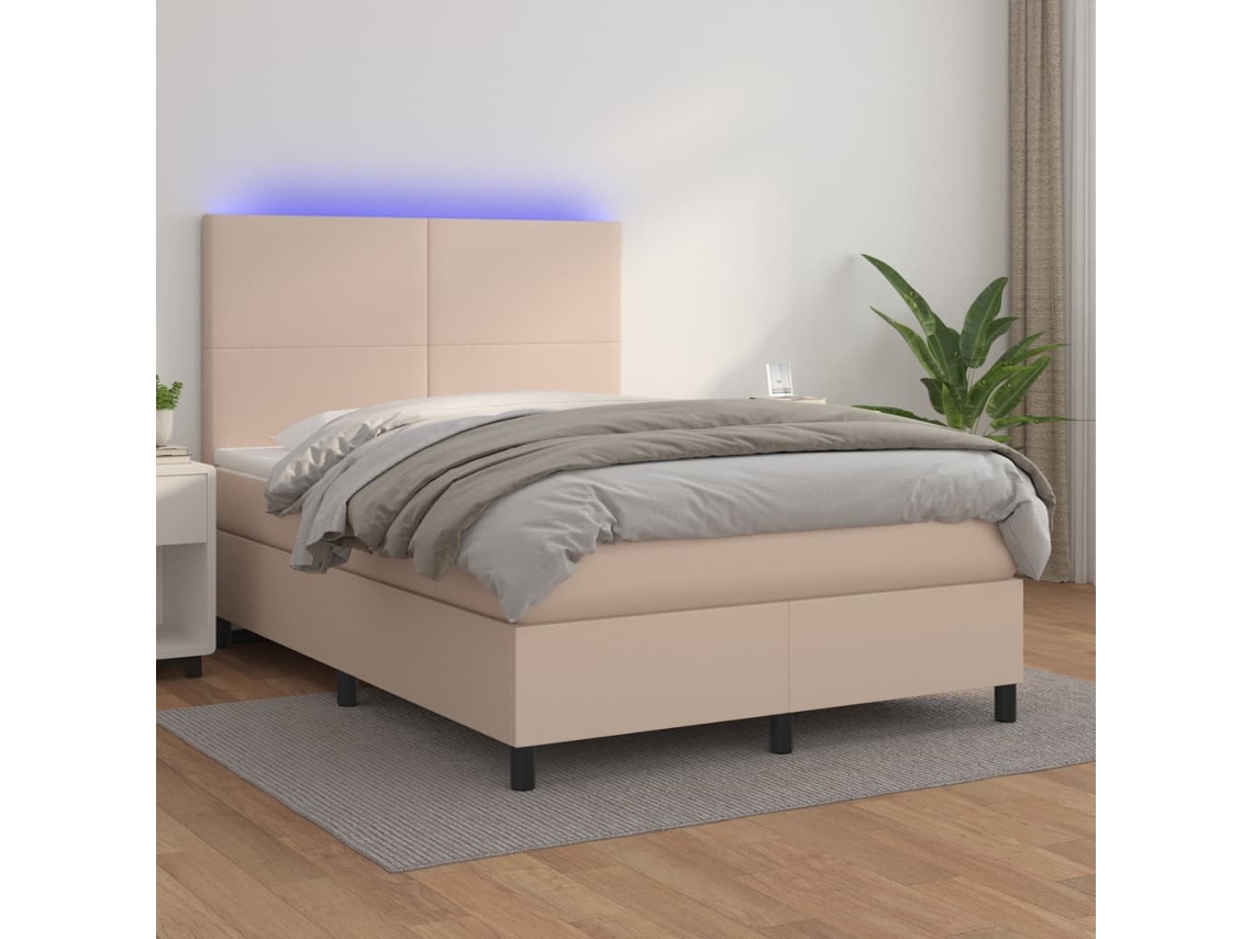 Vidaxl Cama Box Spring C/colchão/led 140x190cm Couro Artif. Cappuccino