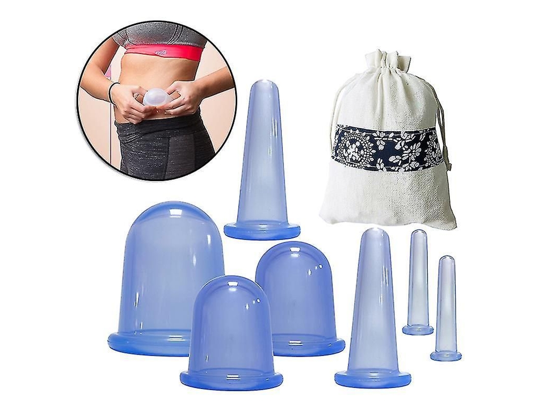 Conjunto De Copas De Silicone 7 Peças Massagem Acupuntura Sução Vácuo Com Bolsa De Armazenamento Para Músculos Azul