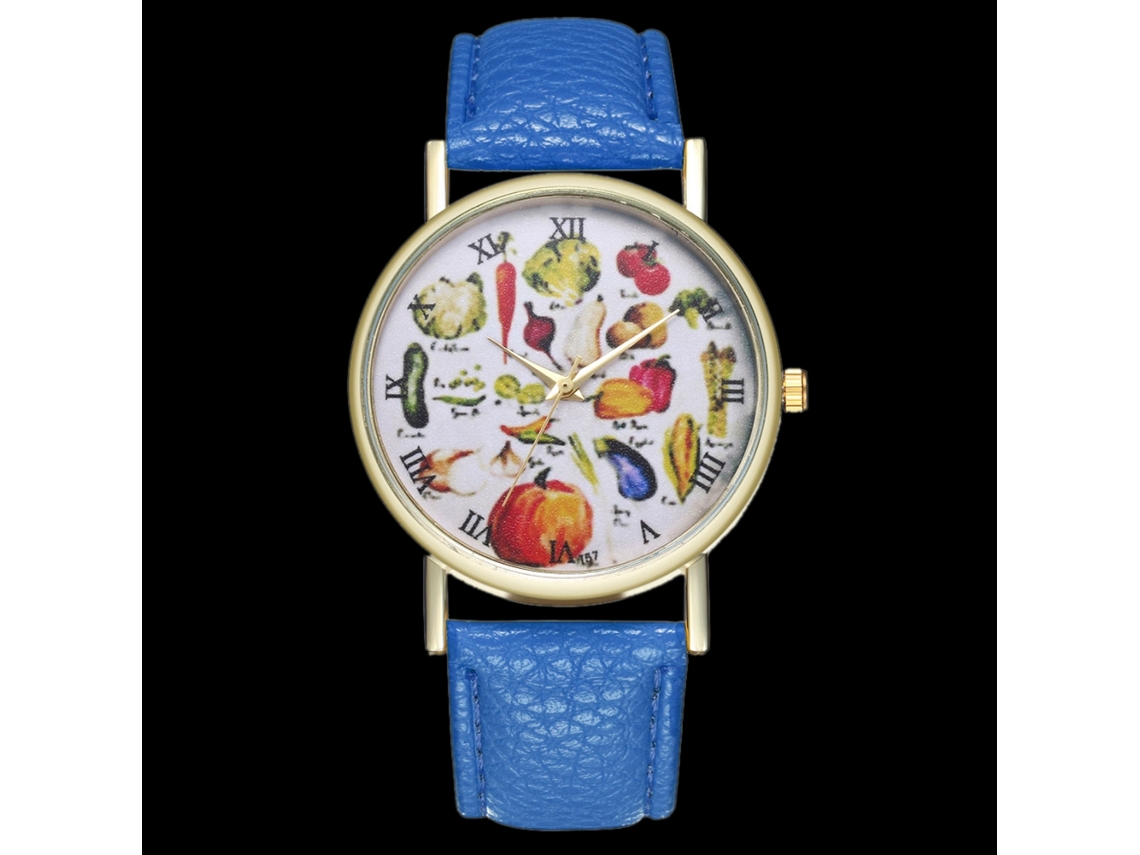 Reloj De Cuarzo Unisex Con Correa De Cuero Pu, Dial De Frutas, Azul Real