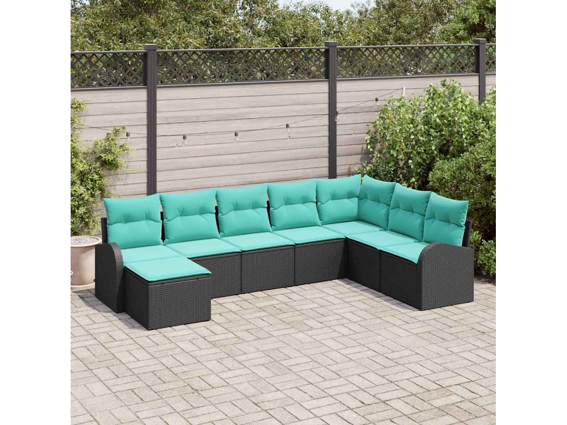 Vidaxl Conjunto De Sofás Com Almofada 8 Pcs Preto E Turquesa Vime Pe
