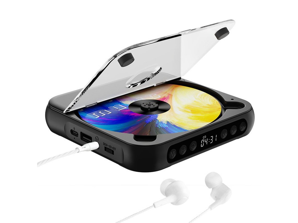 Leitor de CD portátil Bluetooth com bateria de alta capacidade de 1200 mAh, suporta reprodução e repetição via USB e possui tela sensível ao toque, ideal para carro e estudo.