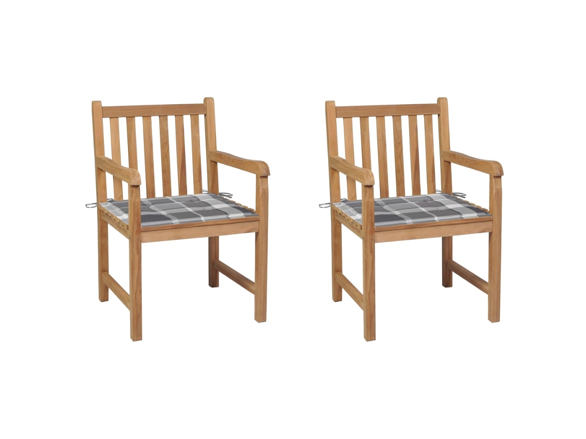Vidaxl Cadeiras Jardim C/ Almofadões Xadrez Cinzento 2 Pcs Teca Maciça