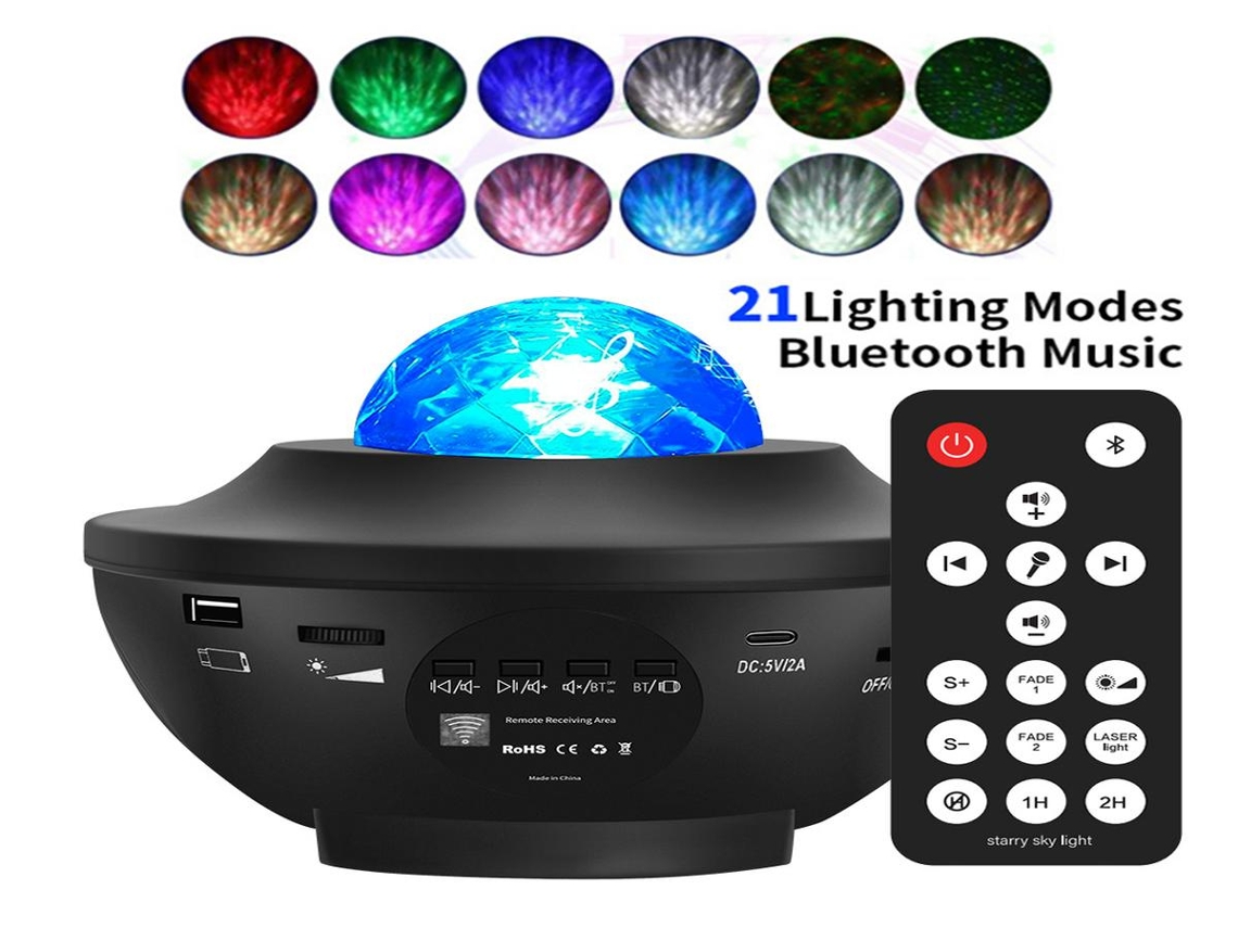 Projetor Lurelia Galaxy com alto-falante Bluetooth, controle remoto, USB, céu estrelado e som integrado para ambientes.