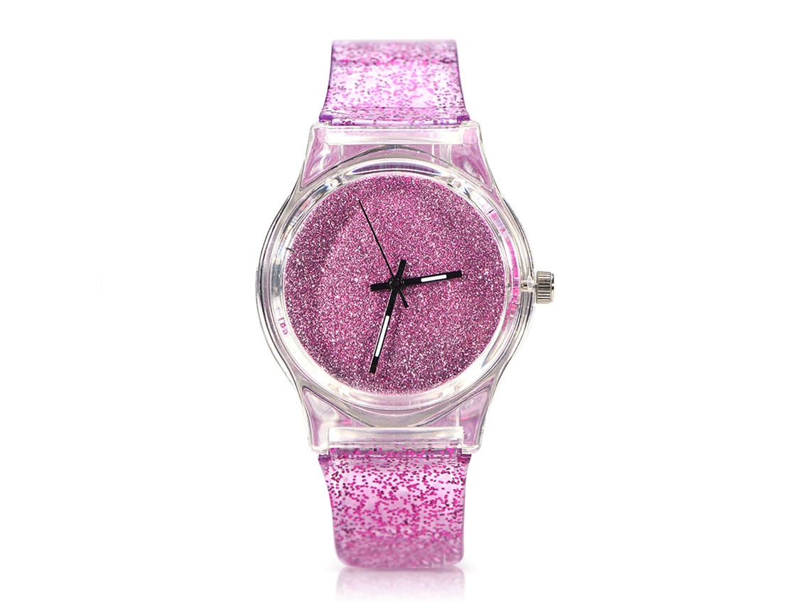 Relógio de Pulso Feminino de Quartzo com Correia de Plástico Rosa e Pó Brilhante