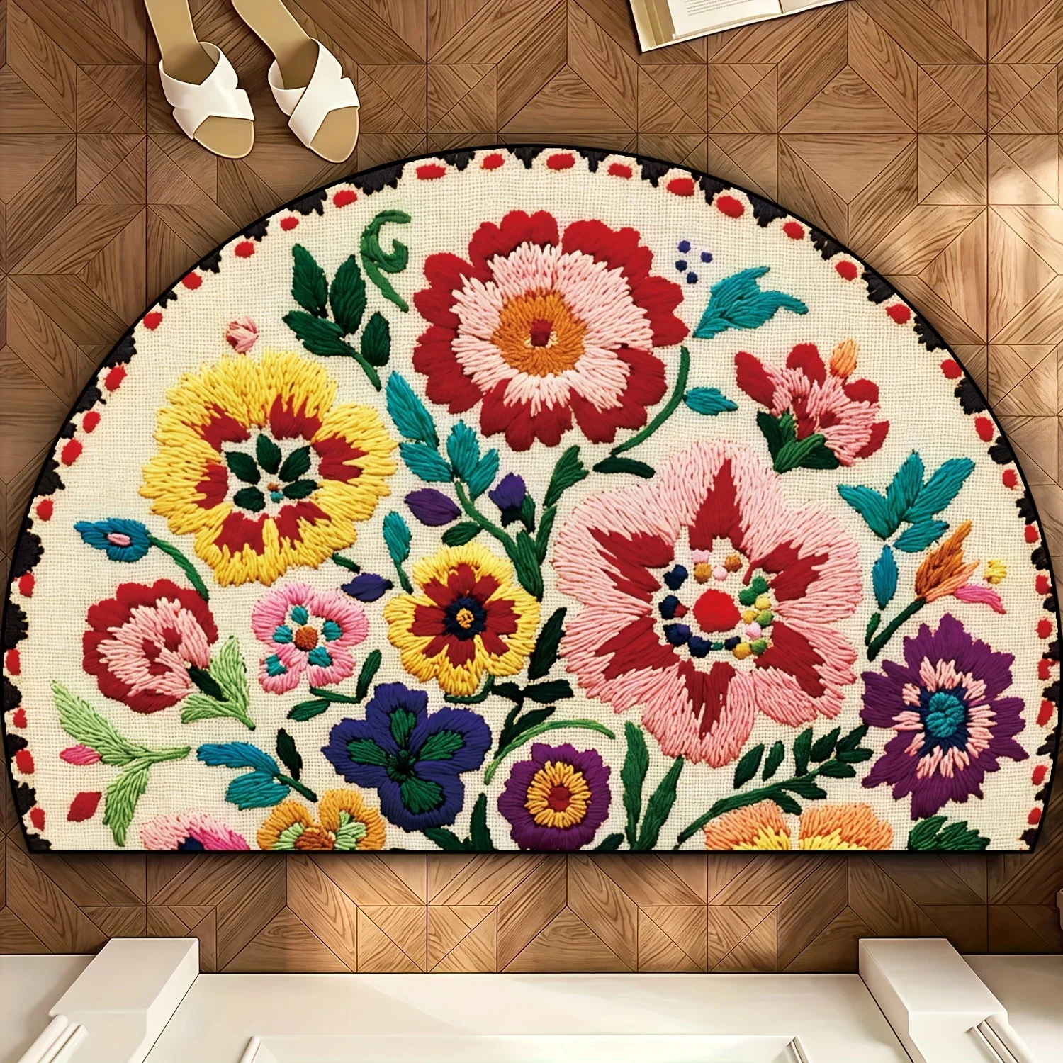 Tapete De Boas-vindas Semicircular (40 X 60 Cm) Com Estampa Floral Colorida Em 2d.