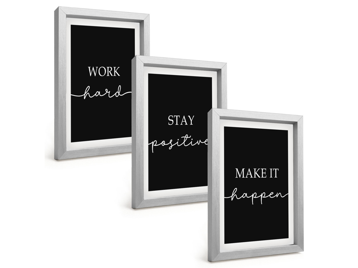 Conjunto De Pinturasmotivos Elegantes Em Preto Moldura Prateada Quadros Para A Sala De Estar Espelharte (3 Peças 20x30 Cm)