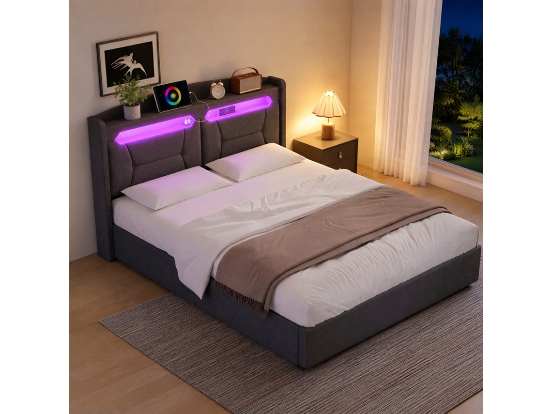 Cama Estofada 140x190 Cm Com Espaço De Arrumação, Led E Usb, Cinzento, Cama De Casal Estofada