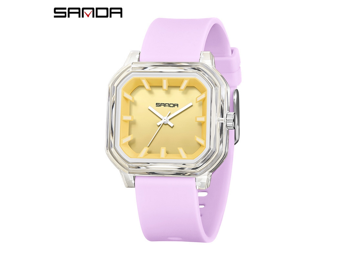 Relógio de Quartzo MDUG quadrado, simples, com marcadores 3d, à prova d'água, roxo e amarelo transparente