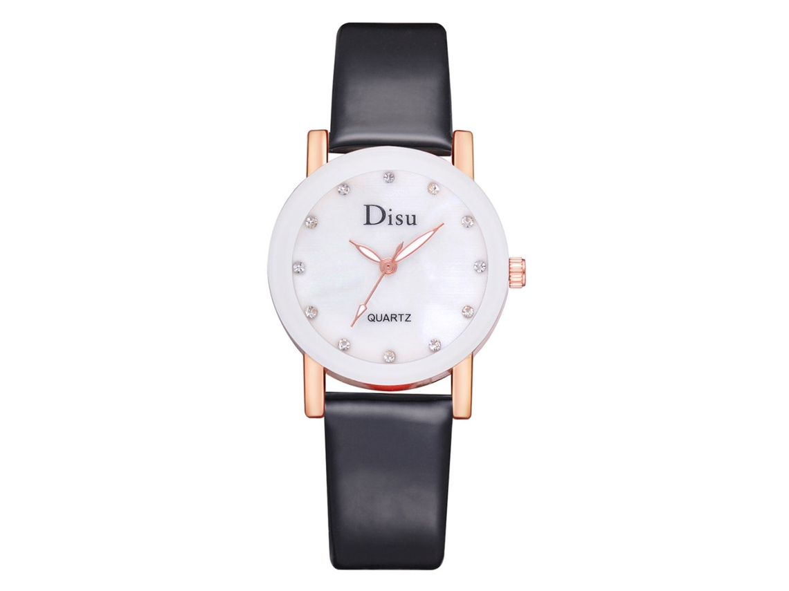 Relógio de Pulso de Quartzo Casual com Strass Pulseira de Couro Pu Simples Redondo Preto Disu