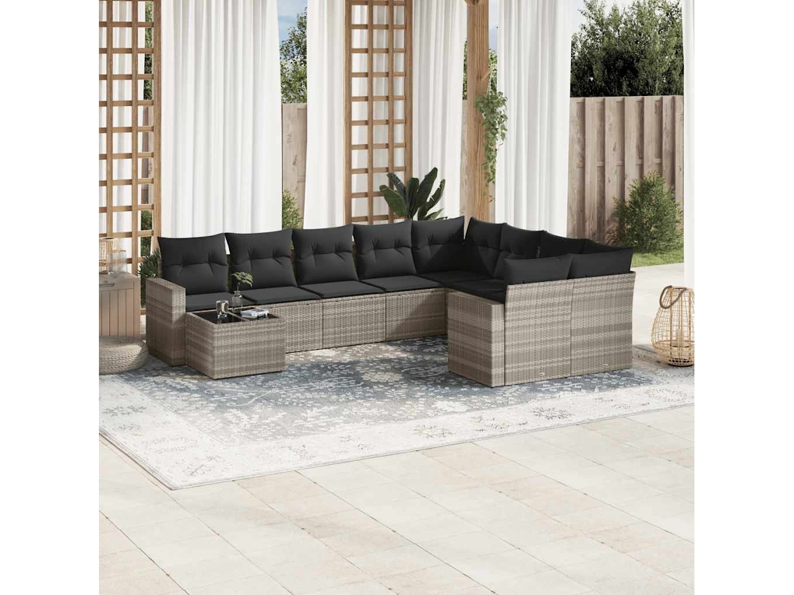 Vidaxl 10 Pcs Conj. Sofás Jardim Com Almofadões Vime Pe Cinzento-claro