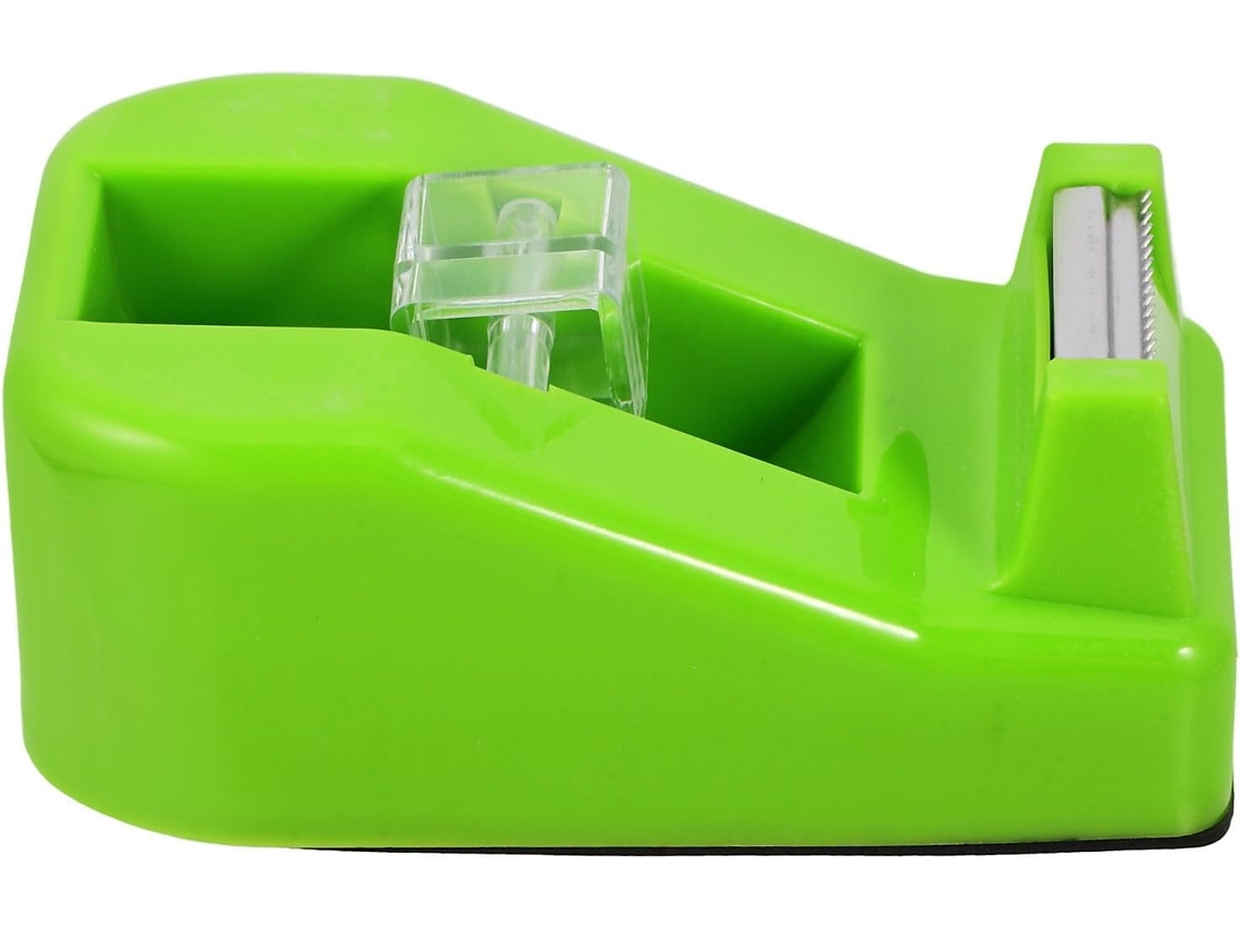 Dispensador de fita adesiva, pequeno e portátil, com design elegante na cor verde, feito de ABS e metal, para uso doméstico.