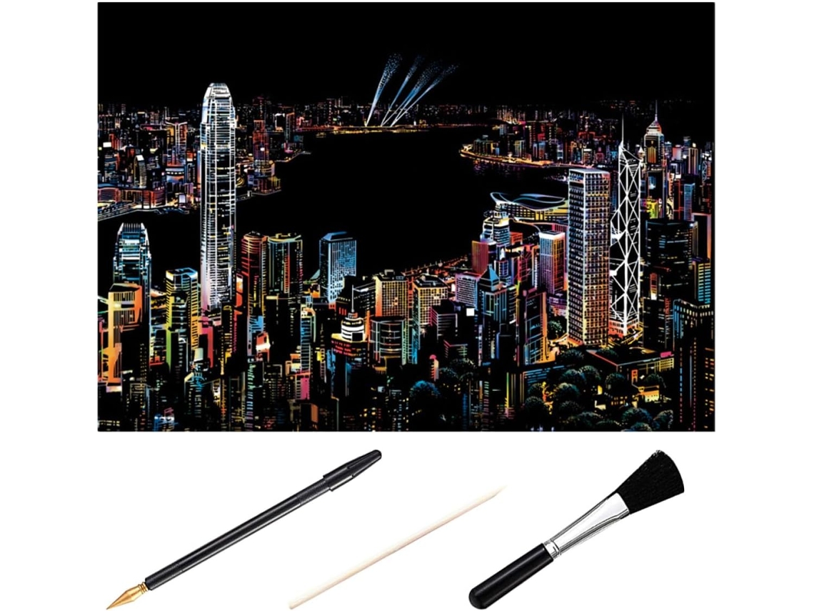Conjunto De Papel Para Raspar Sewoart, Imagem Cidade Noturna, Kit Com