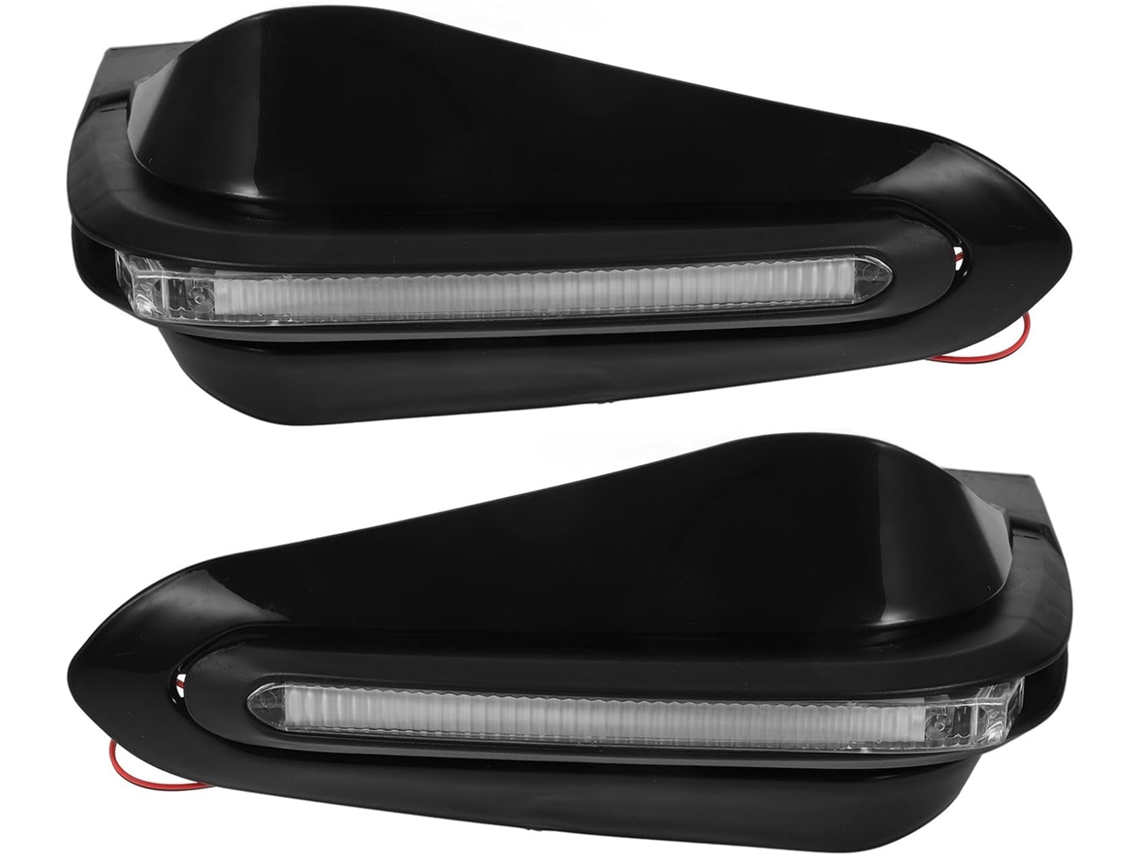 Protetores de mão para motocicleta, pretos, com indicadores de direção em LED integrados, fáceis de instalar.