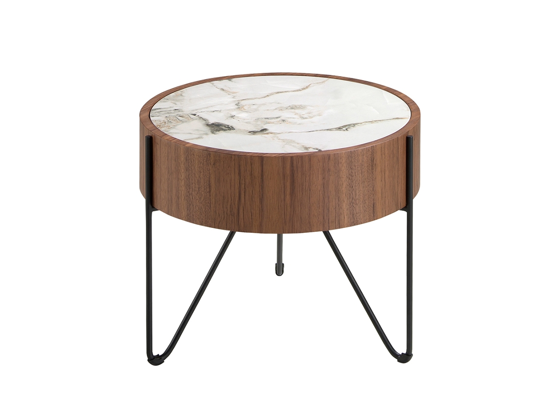 Mesa de Canto Redonda em Mármore Porcelânico Nogueira e Aço Preto ANGEL CERDA