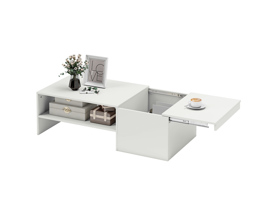 Mesa De Centro Com Superfície Deslizante Moderna Com Compartimento Oculto Prateleira Aberta 110x52x36 Cm Branco