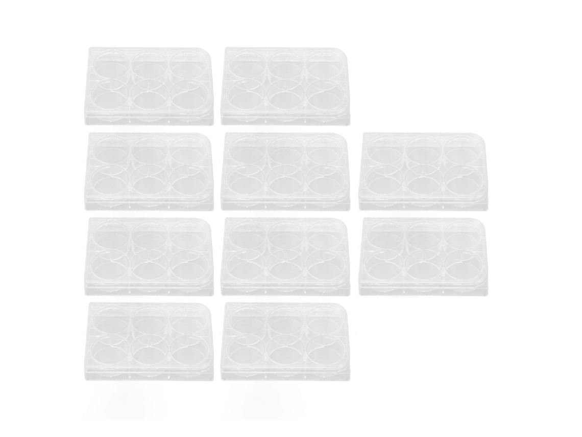 Conjunto de 10 placas de cultura transparentes e uniformes com tampa de 6 poços para laboratório de biologia.