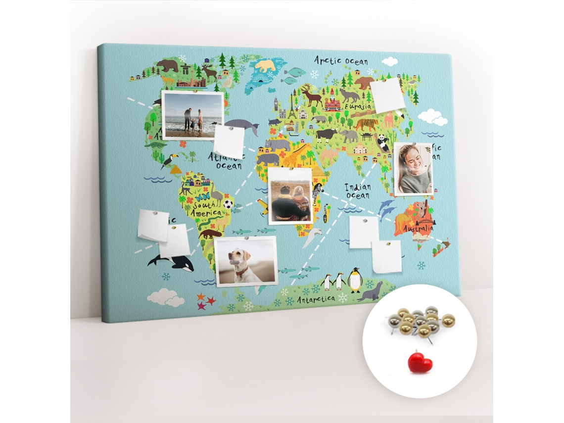Quadro De Cortiça Com Impressão Mapa-múndi Com Animais Para A Sala De Estar Espelharte (120x80 Cm)