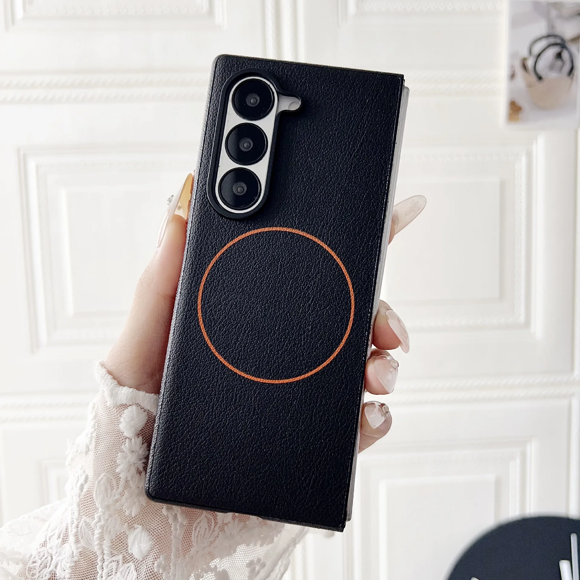 (preto, Galaxy Z Fold7) Capa Minimalista Dobrável Em Couro Para Celular Com Protetor De Carregamento Sem Fio Magnético