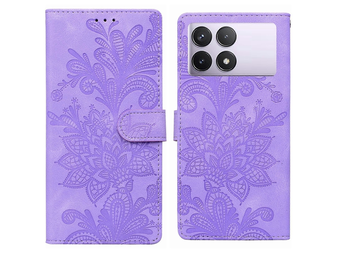 Capa De Celular Em Pu Com Fecho Magnético, Detalhes Florais Em Renda E Alça De Pulso Para Redmi K70e / Poco X6 Pro