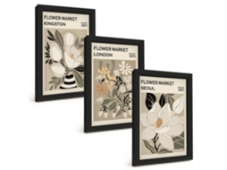 Quadros Decorativos Para Paredeflores Retrô De Cidades Do Mundo Moldura Preta Quadros Para O Escritório Espelharte (3 Peças 20x30 Cm)