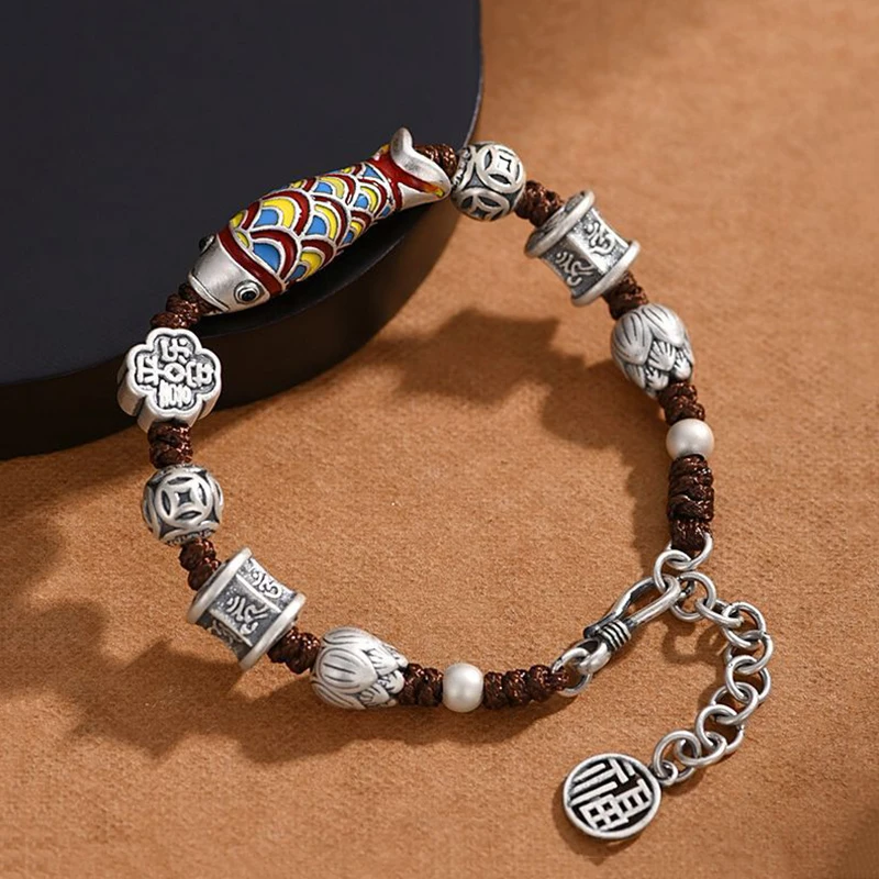Pulseira Vintage com Pingente de Peixe Koi em Esmalte, Relógios de Casal em Estilo Étnico Trançado À Mão MDUG