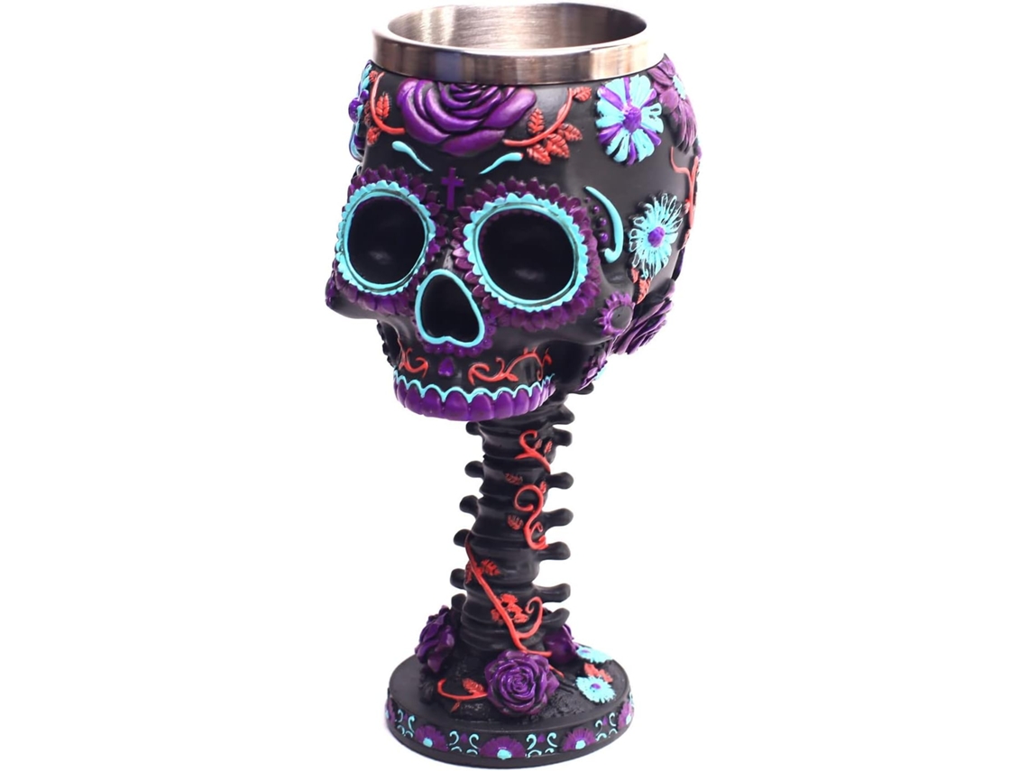 Conjunto De Copo E Taça De Vinho Em Resina 3d Com Caveira Em Aço Inoxidável Com Estampa De Flores - Presente