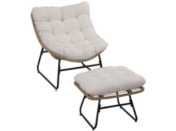 Cadeira De Jardim Com Apoio Para Os Pés Em Metal Epóxi E Resina Trançada Rattan Com Almofadas Confortáveis - Cor Natural