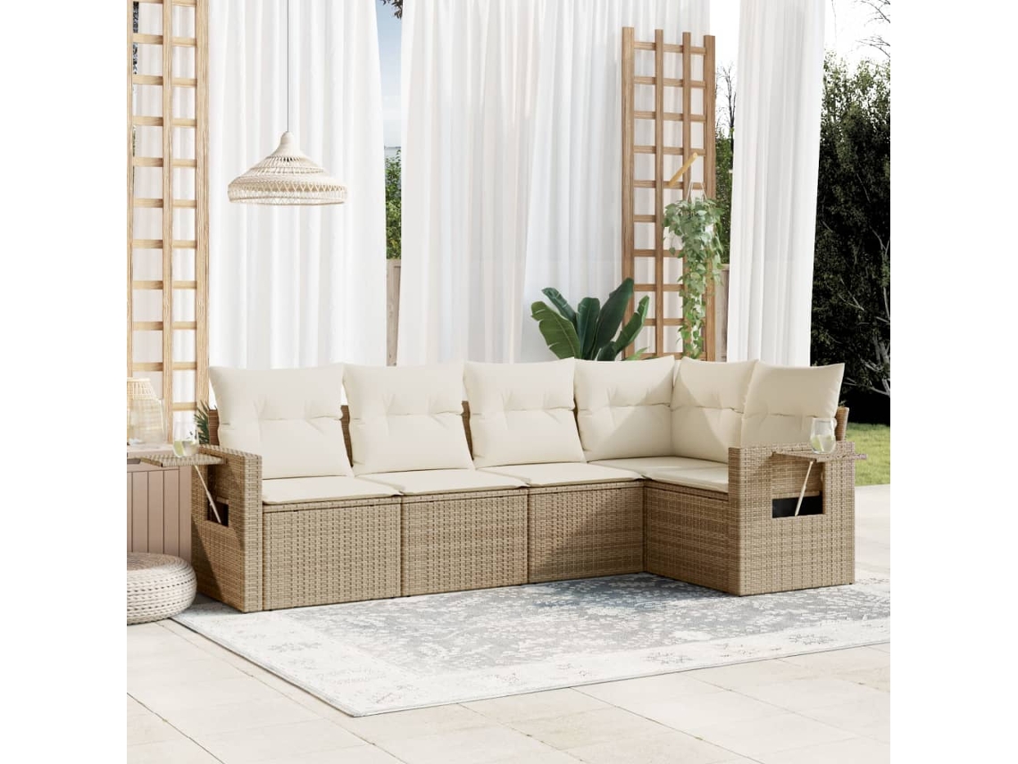 Vidaxl 5 Pcs Conjunto De Sofás P/ Jardim Com Almofadões Vime Pe Bege