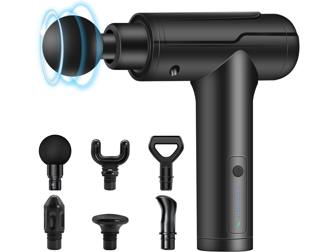 Massageador muscular com indicador de carregamento LED e 6 cabeças de massagem. Brilvibera
