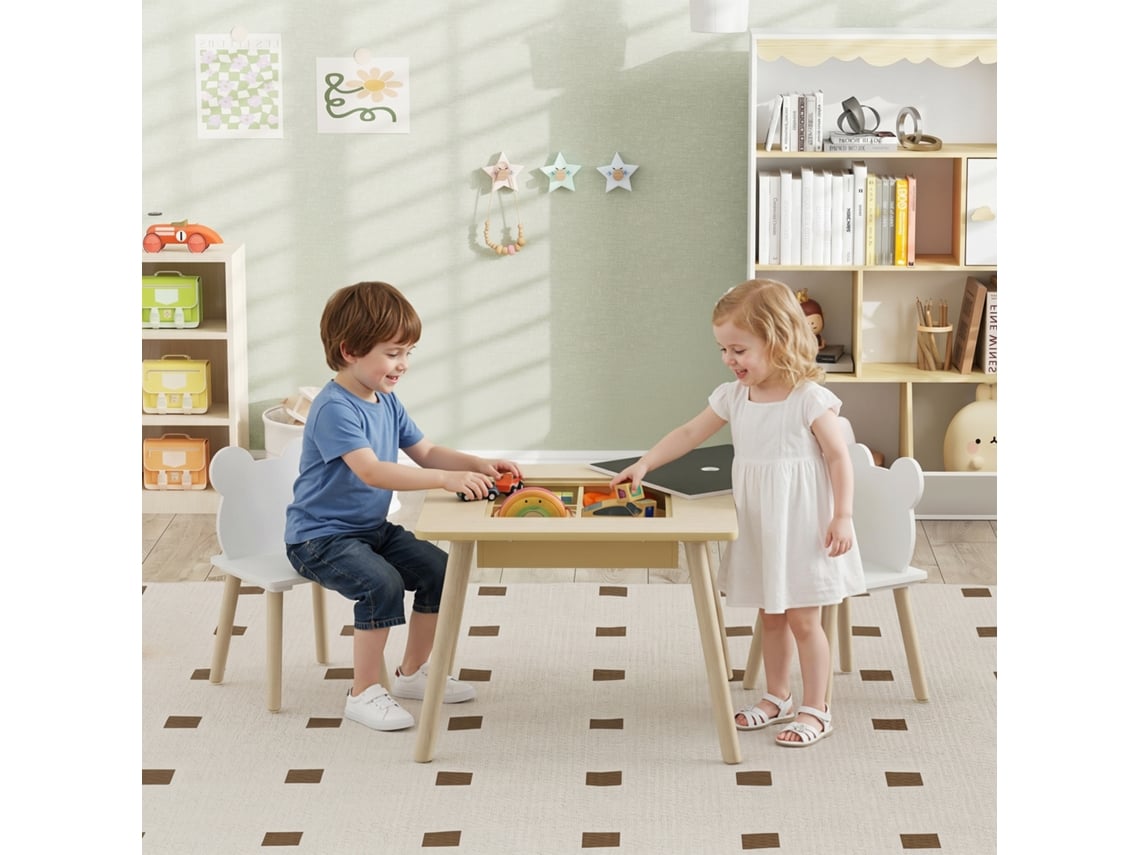 Conjunto De Mesa E 2 Cadeiras Com Encosto Em Forma De Ursinho E Compartimentos Branco
