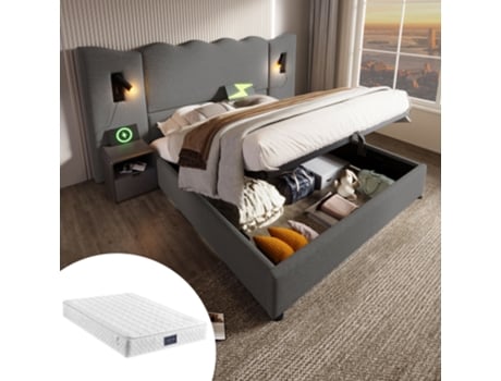 Cama De Casal Estofada 160×200 Com Candeeiro De Leitura E Função De Carregamento Usb Tipo C, Estrutura De Cama Com Arrumação E Estrado De Ripas Em M