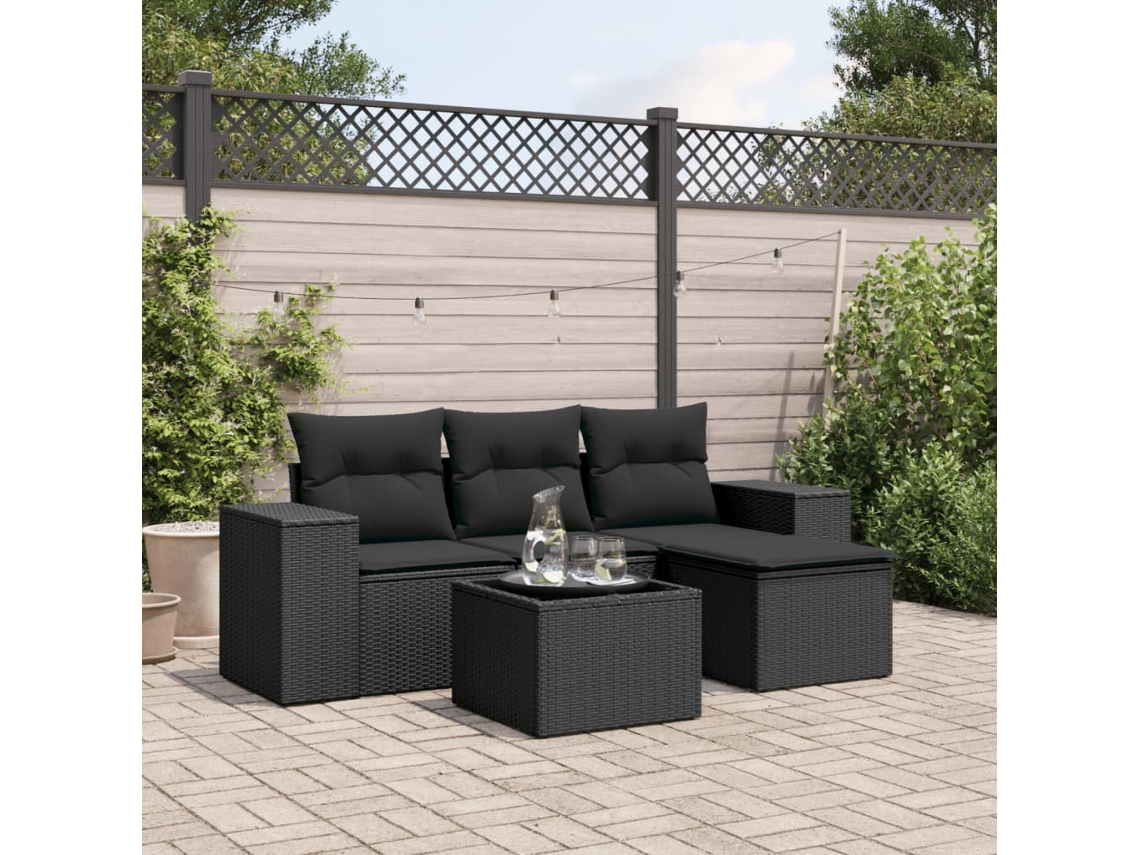 Vidaxl 5 Pcs Conjunto Sofás De Jardim Com Almofadões Vime Pe Preto