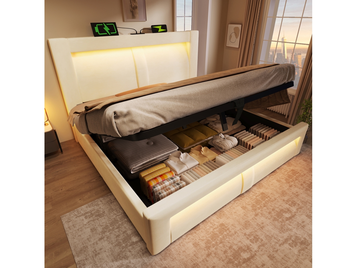 Cama Casal 140x200 Cm Com Baú, Box Hidráulico, Luz Led Com Controle Via App, Portas Usb E Type-c, Veludo, Cabeceira Curva, Bege, Sem Colchão.